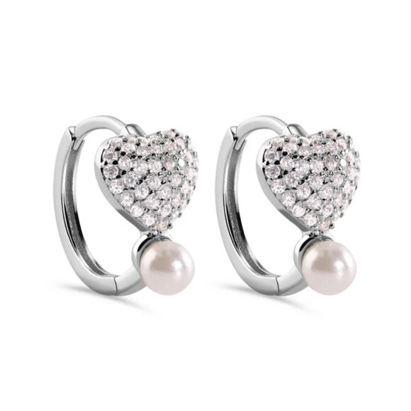 925 Sterling Silver Jewelry - Sterling Silver 925 Rhodium Plated Heart Clear CZ Synthetic Pearl Hoop Earrings